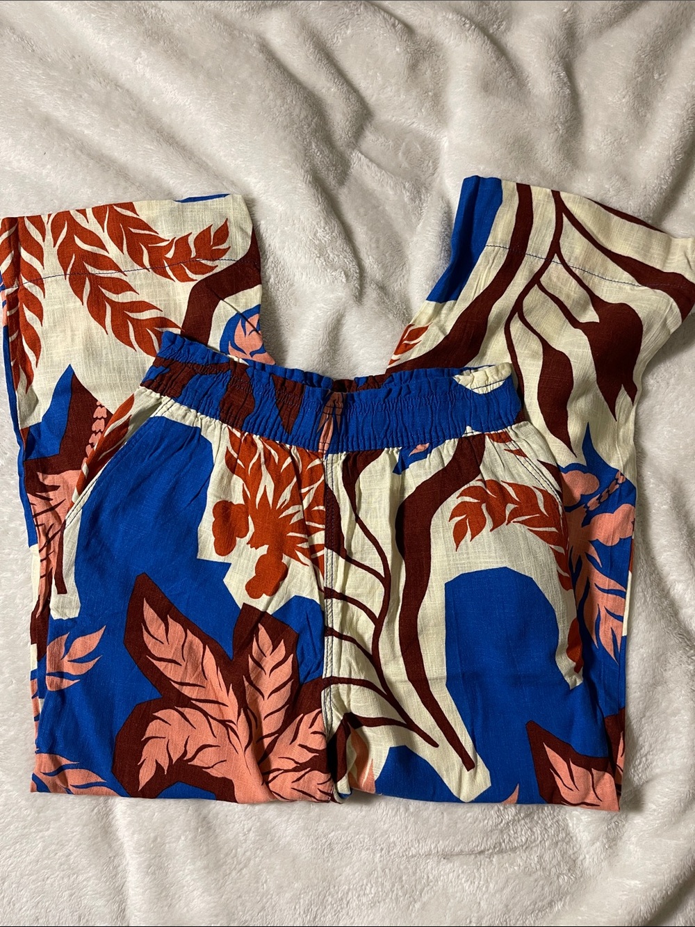 H&M Blue, Cream & Rust Floral Cropped Wide Leg Linen Pants